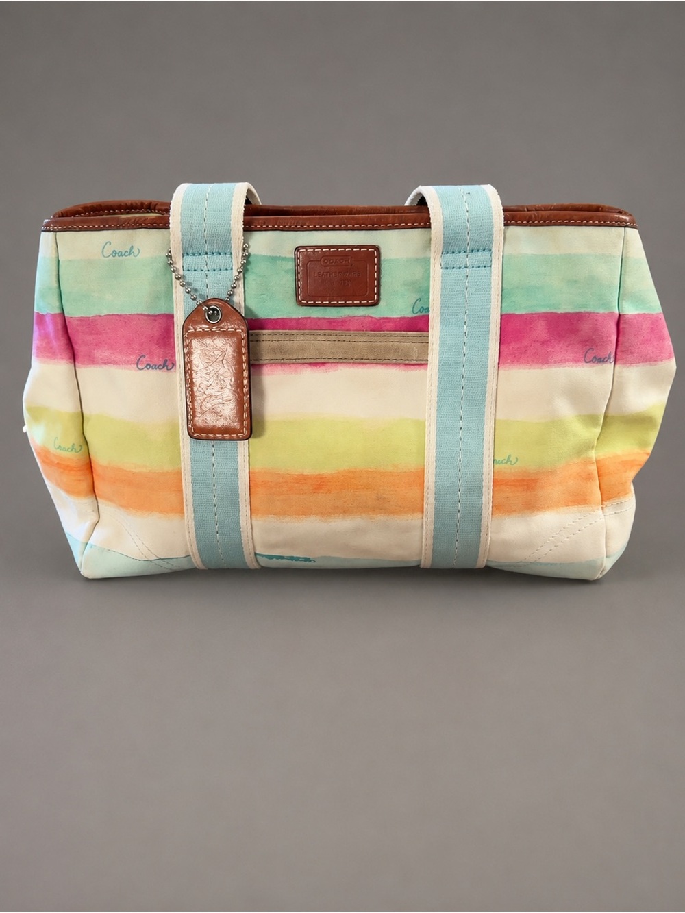 Coach Pastel Striped Canvas Tote Bag – Multicolor Watercolor Print 13”x10”